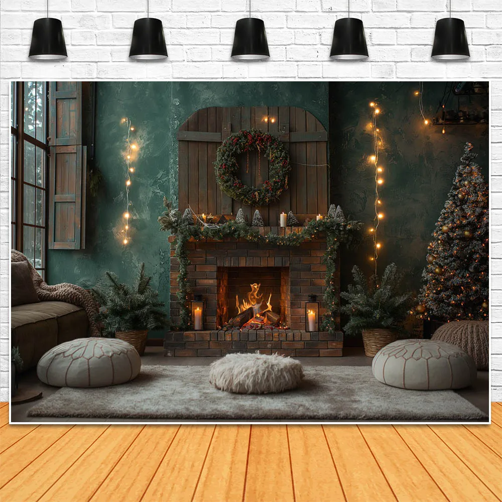 Mocsicka Christmas Vintage Green Wall Backdrops Photography Wooden Fireplace Family Portrait Background Photo Studio Shoot Props