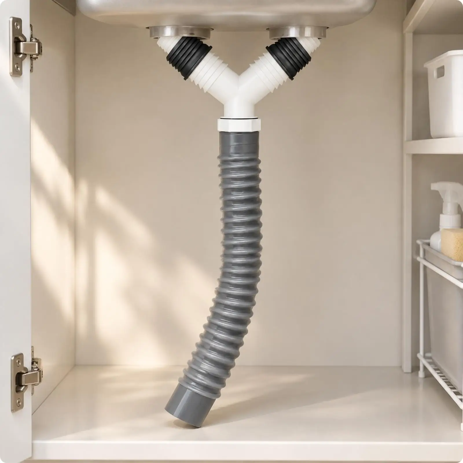 Washing Machine Drain Hose Y Connector ABS Twin Inlet Laundry Drainage Adapter with 2M Ribbed Flexible Corrugated Tube