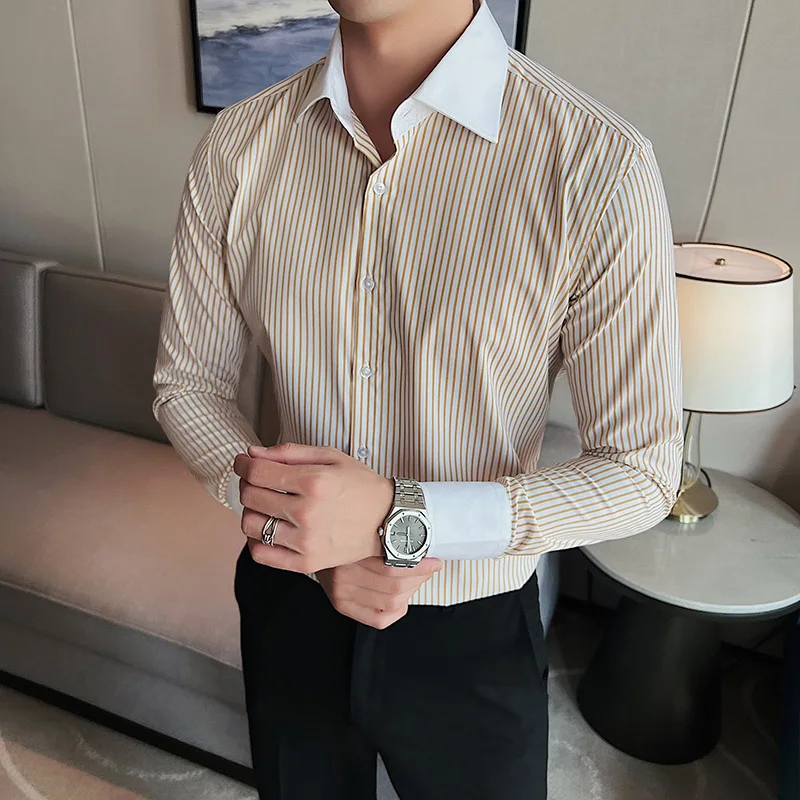 Autumn High Quality Striped Shirts Mens Long Sleeve Colorblock Big Lapel Collar Slim Casual Shirts Men Social Party Dress Shirt