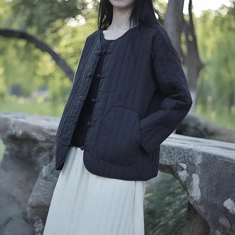 Parka à boutons de Style chinois pour femmes, col en v, manches longues, couleur unie, manteaux d'hiver, poches amples en Patchwork, nouvelle collection 2025