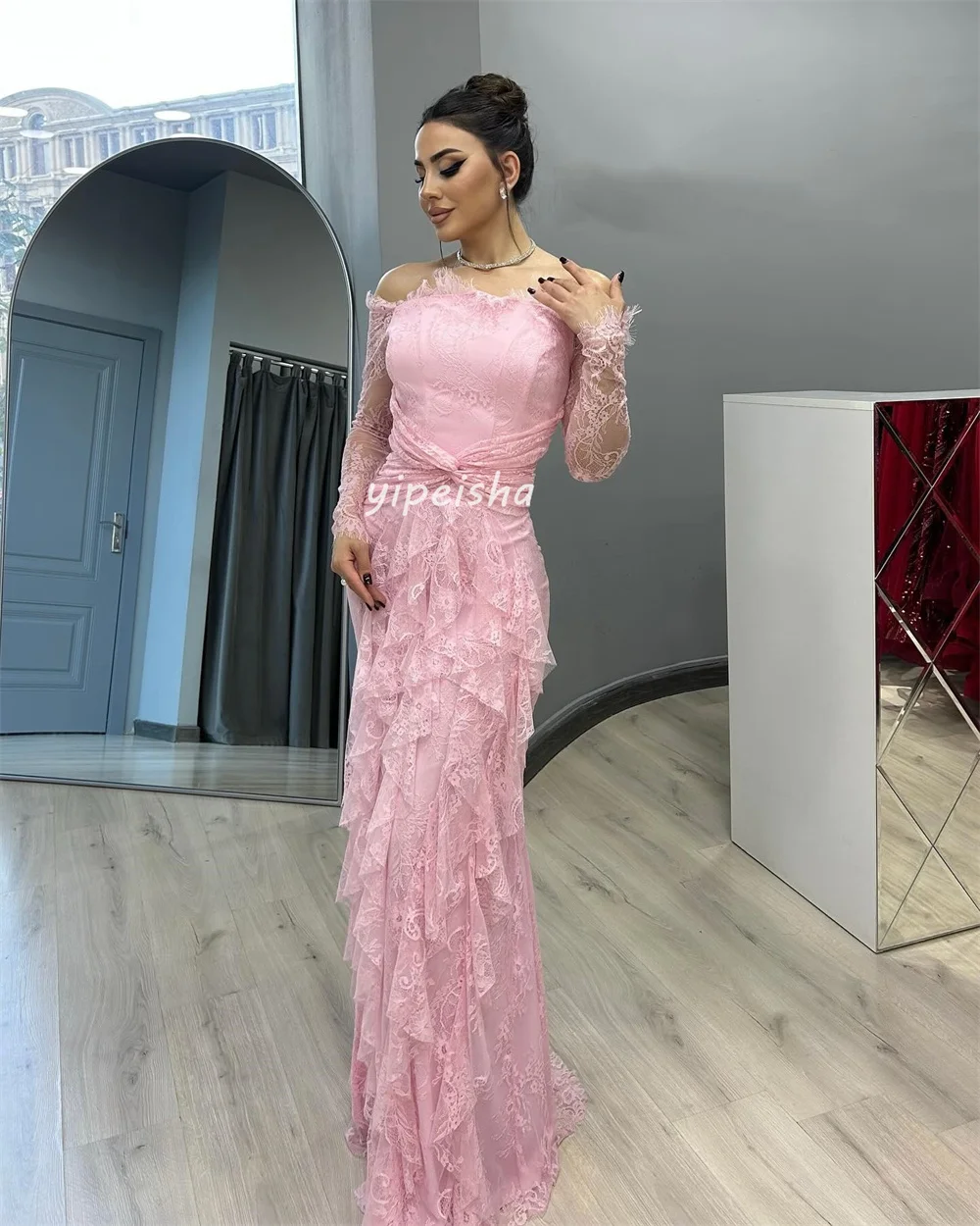 Vestidos largos personalizados a juego, exquisitos, clásicos, plisados de encaje, sirena fruncida, hombros descubiertos, vestidos para ocasiones a medida, elegantes