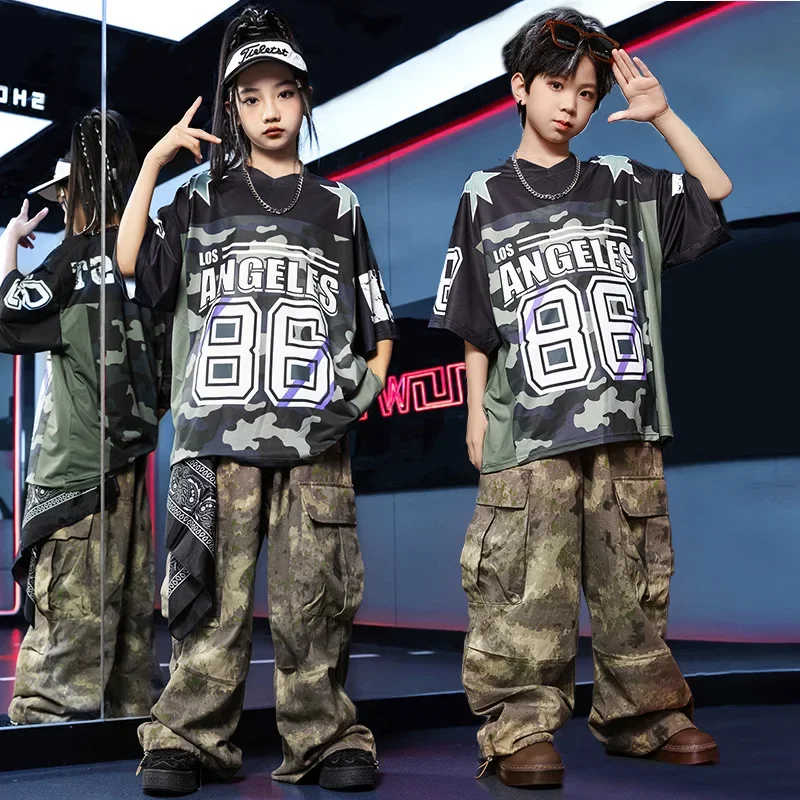 Jungen Hip Hop Tanzkostüm Kinder Armee Grün Top Camouflage Cargohose für Kinder Mädchen Jazz Street Performance Kleidung
