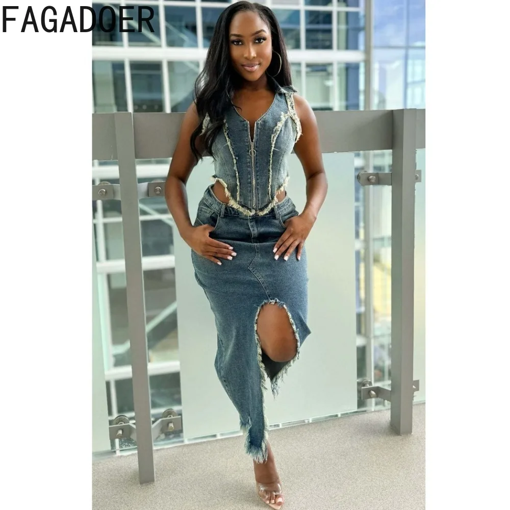 FAGADOER Fashion Y2K Streetwear Women Denim Splicing Deep V Sleeveless Crop Top + Skinny Skirts Two Piece Sets Sexy Cowboy Suits