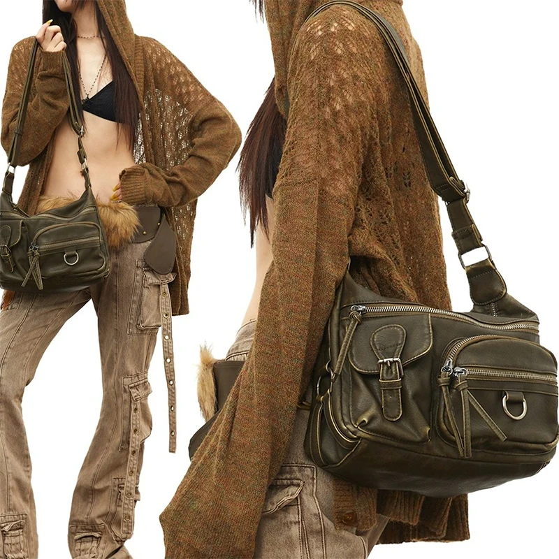 

Retro Workmanship Design Multi-pocket Tote Brand Zipper Belt Motorcycle Bag Luxury Shoulder Bag Washed Leather Crossbody Bag