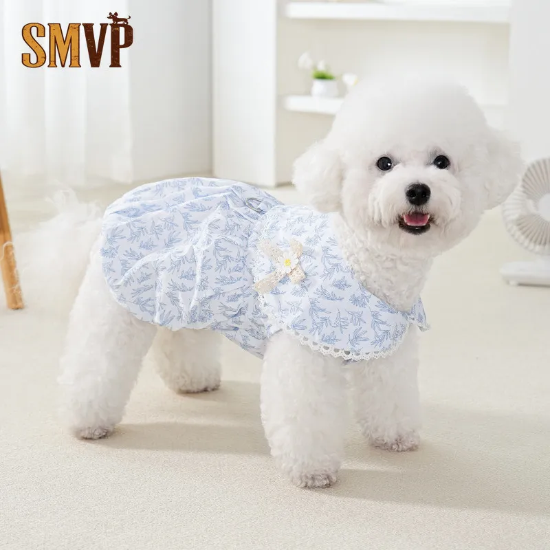 

Summer Fresh and Cute Blue Floral and Beautiful Bow Tiecotton Soft and Breathable Kitten Small Dog Clothes Dress