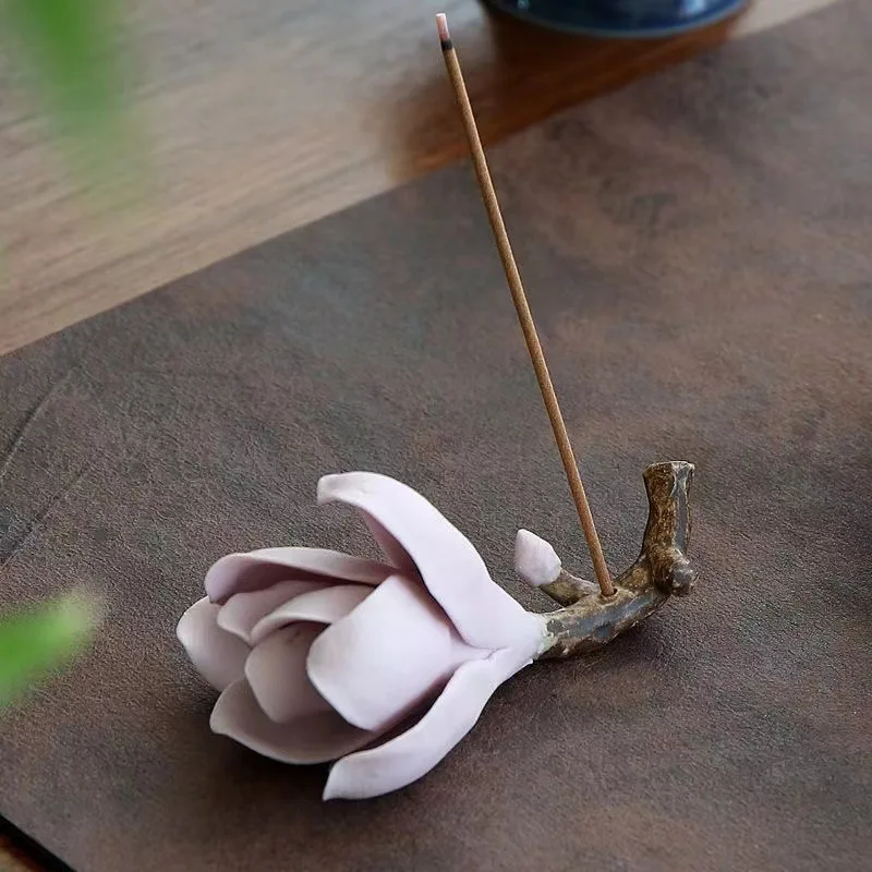 1pc Ceramic Magnolia Incense Pedestal, Incense Holder Chinese Decorations for Home White Decor Yoga Meditation Zen