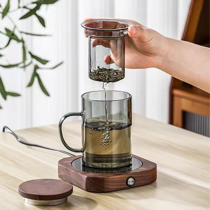 400 ml heller Tee-Rauchgrauer hitzebeständiger Borosilikatglas-Filter-Teetasse – mit walnussfarbenem Deckel |   Solo Cup |   Griffbecher