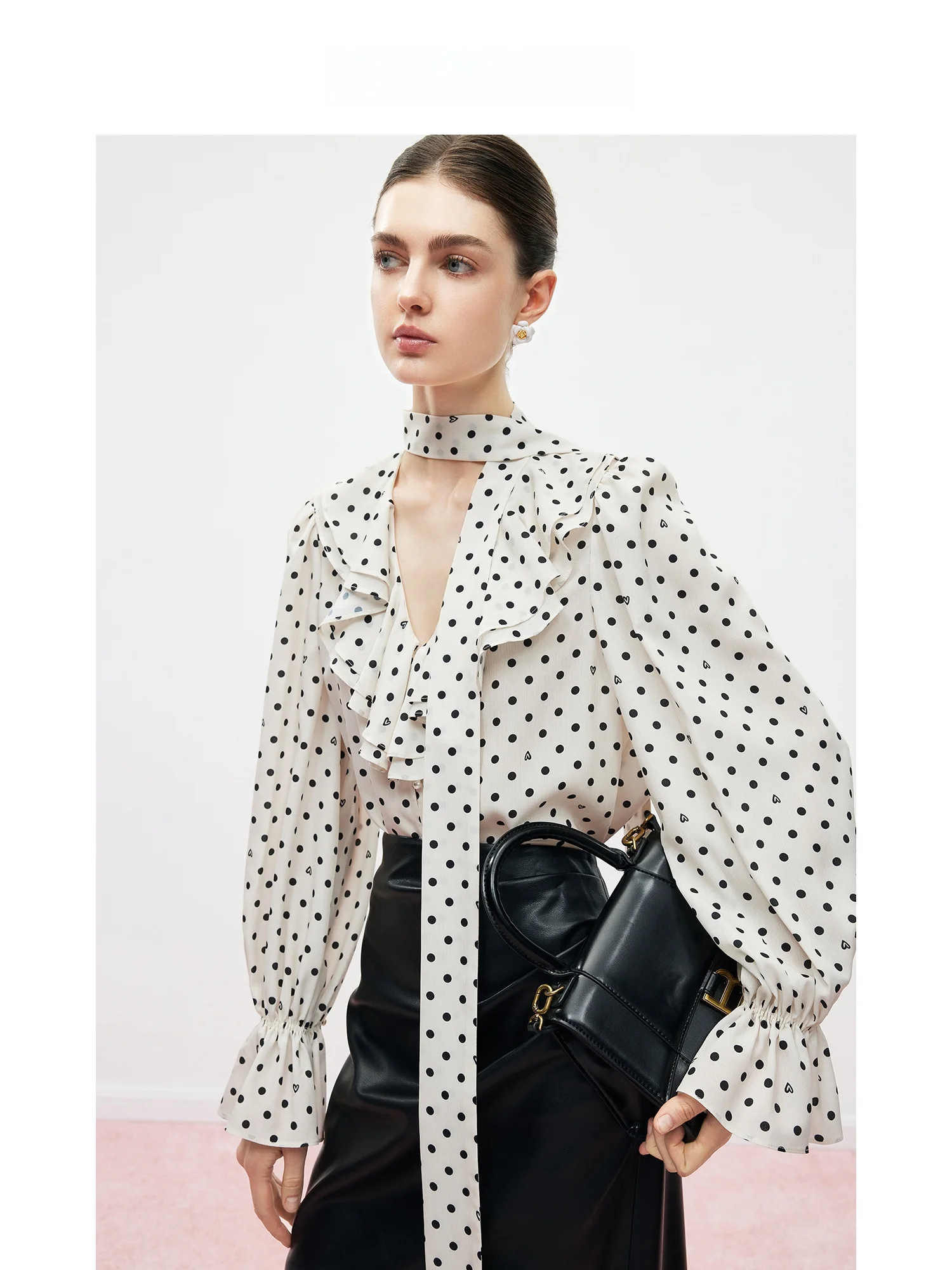 

MandyZhang Vintage Polka Dot irt Spring Season V-Ne Long Sve Knot Ele Sle Women's Premium Quali Blouse