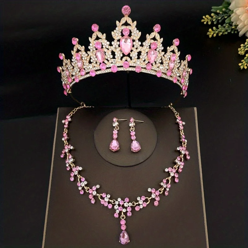 3pcs/set Crystal Bridal Tiaras And Crowns Earrings Necklace Jewelry Set For Women Bride RhinestoneWedding Hair Accessories Crown
