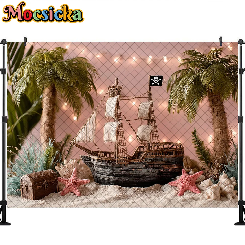 Mocsicka Summer Photography Backdrop Pirate Ship Palm Tree Decoration Baby Shower Cake Smash Party Backgrounds For Photographs