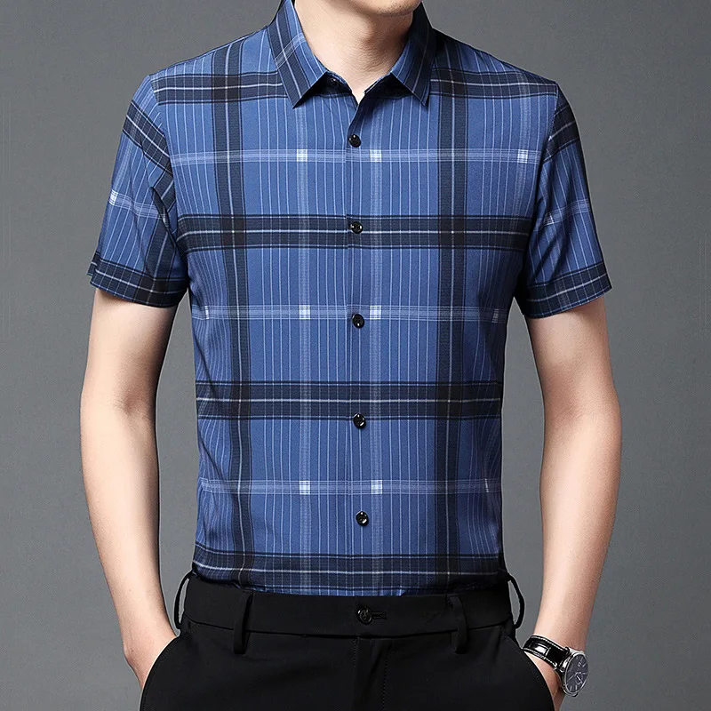 

Summer New Popular Men's Clothing Short Sleeve Shirt Turn-down Collar Middle/Youth Plaid Fashion Business Casual Tops