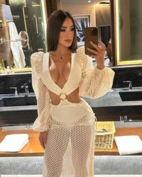 Long Sleeves One Piece Swimwear For Women  Deep V Neck Thong 2Pcs Set Swimsuit With Skirt Jumpsuit Female Beachwear 2024 Summer