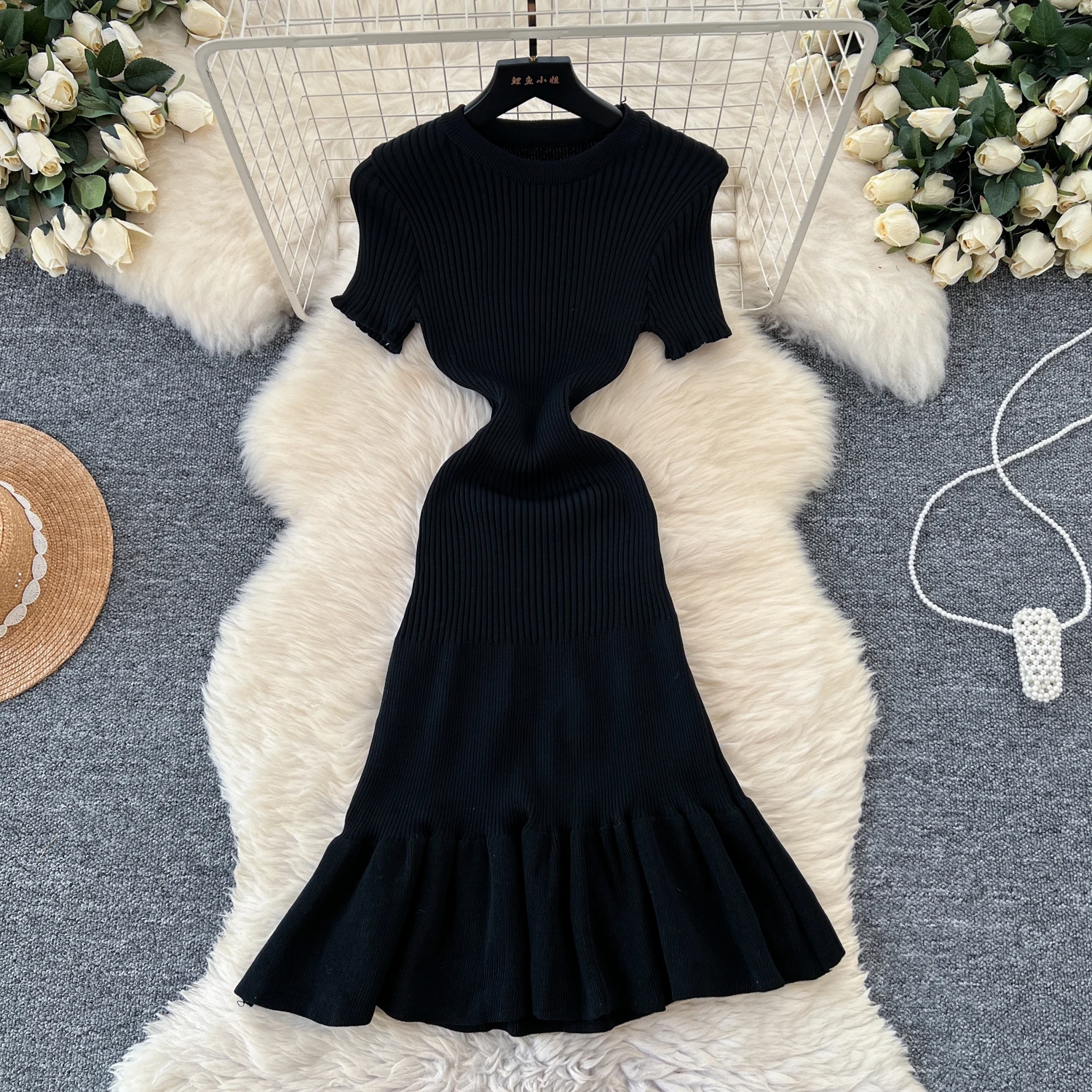 Chic O-neck Vintage Short Sleeve Elegant Ruffles Slim A-line Knitted Dresses Korean Fashion Evening High Street Autumn Clothing