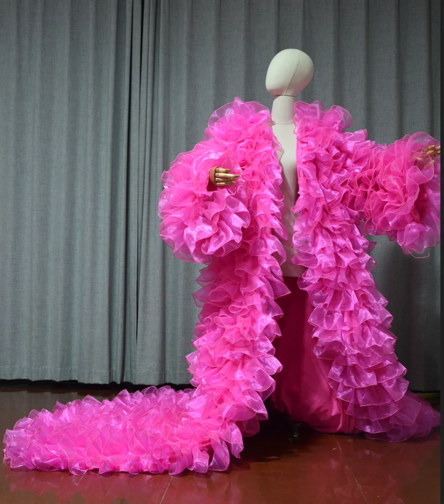 무대 공연, 코트, 드래그 퀸 의상 오간자 소재의 푸른 긴팔 재킷과 푹신한 레이어드 망토, 맞춤 색상 가능