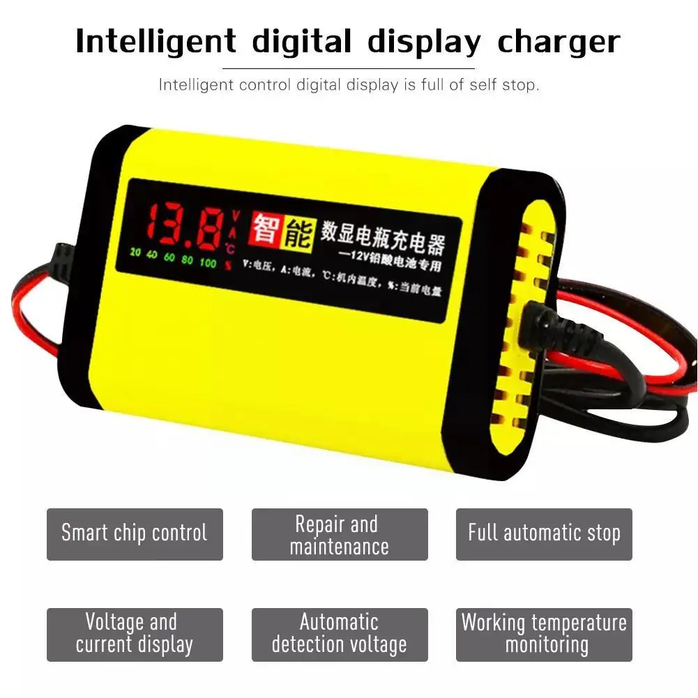 InspecCar-Chargeur de batterie avec affichage LED pour moto, 12V, 12Ah, 14A, plomb-aci, 24, alimentation, court-circuit