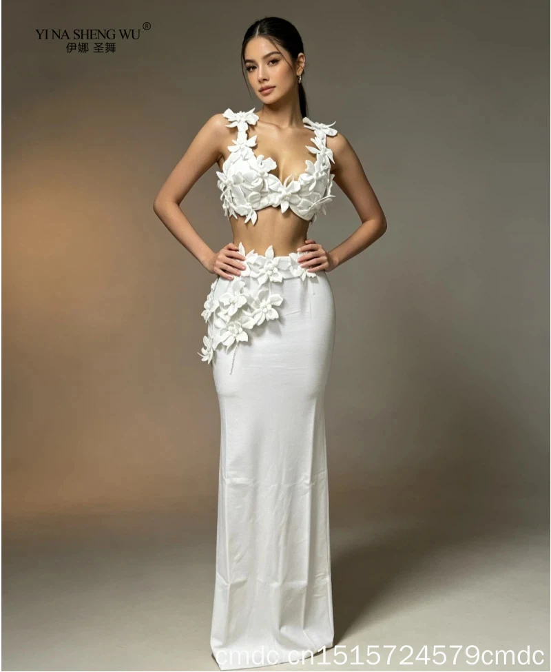 Women Sexy White Flowers V-Neck Tops Form Fitting Long Dress Two Pieces Set Evening Party Prom Gown Nightclub Celebrate Birthday