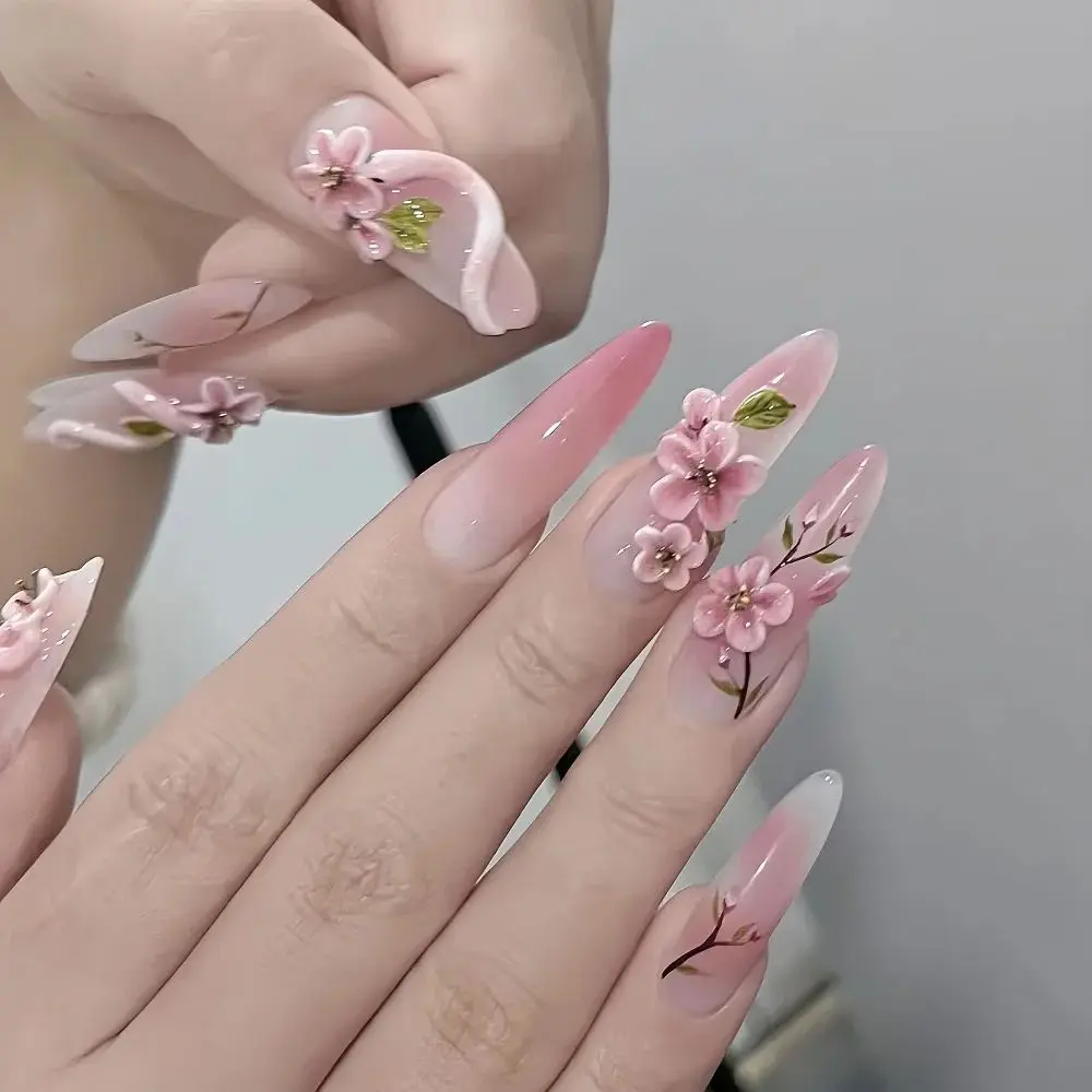 10Pcs Handmade Manicure Medium Almond Fake Nails New Cute 3D Limited Nails Press On Nails Design with Adhesive Nail File Set