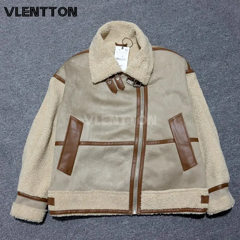 2024 Women Thick Vintage Splice Suede Jacket Coat Loose Warm Lambswool Biker Outwear Female Oversize Faux Leather Overcoat