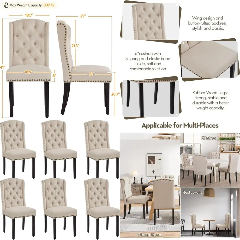 

Upholstered Dining Chairs Set of 6 Button Tufted Kitchen Chairs with Solid Wood Legs and Nailhead Trims for Dining Room, Living