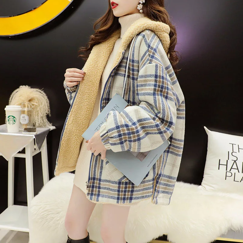 2025 otoño de talla grande de terciopelo de cordero acolchado Casual a cuadros con capucha abrigo de mujer perezoso viento suelto invierno nuevo diseño chaqueta marea prendas de vestir exteriores