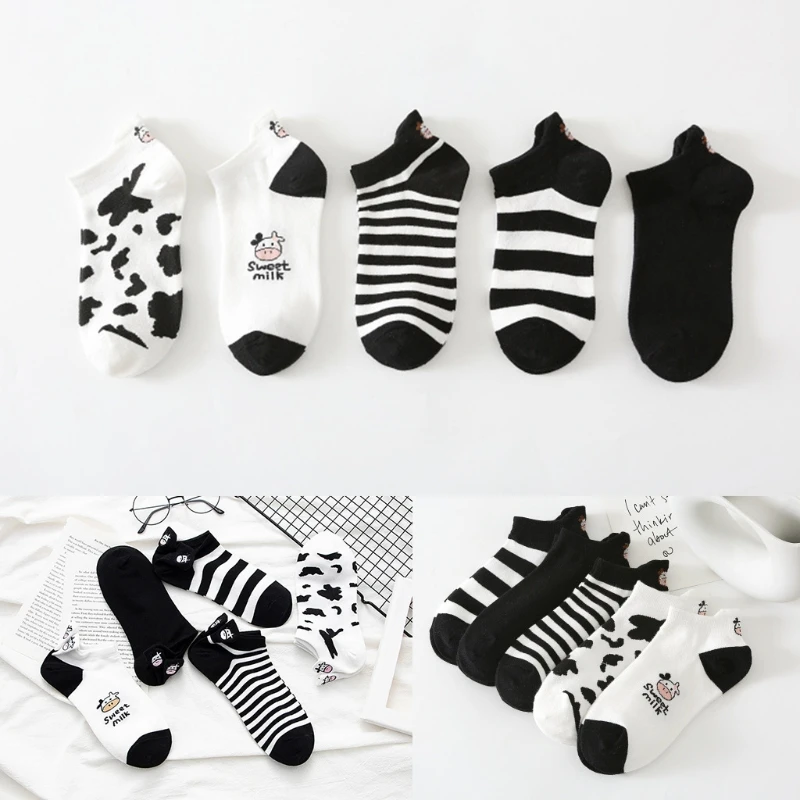 5 Pair Cartoon Cow Animal Print Low Cut Boat Socks Women Cotton Tab Back Hosiery