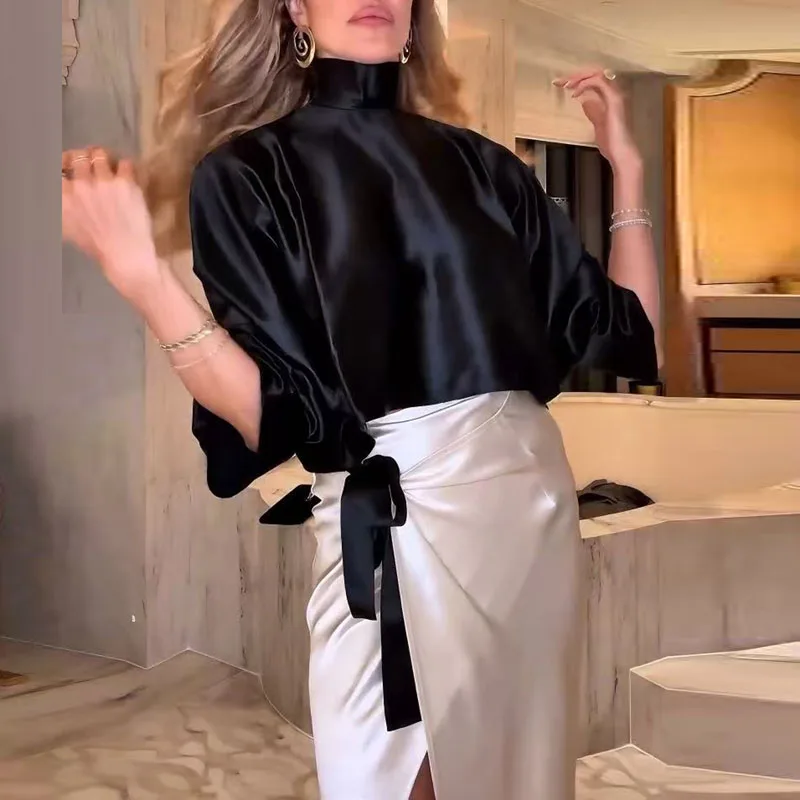 New Two Piece Set Elegant Turtleneck Long Sleeve Top Pullover & Lace-up High Slit Skirt Set Fall Solid Satin Party Outfits Woman