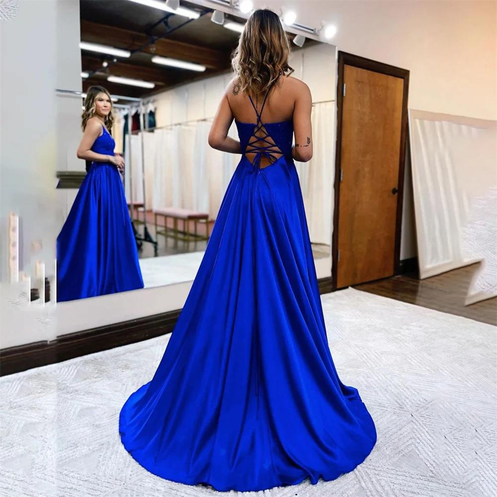 Lily gaun Prom dengan noda biru mewah gaun Formal tali Spaghetti applique gaun malam punggung berenda gaun malam wanita