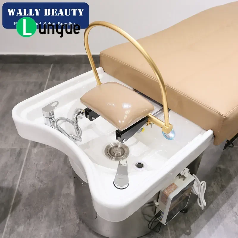 Modern PVC Leather Shampoo Chair with Ceramic Basin Head Therapy Spa Furniture for Hair Commercial Use Comfortable