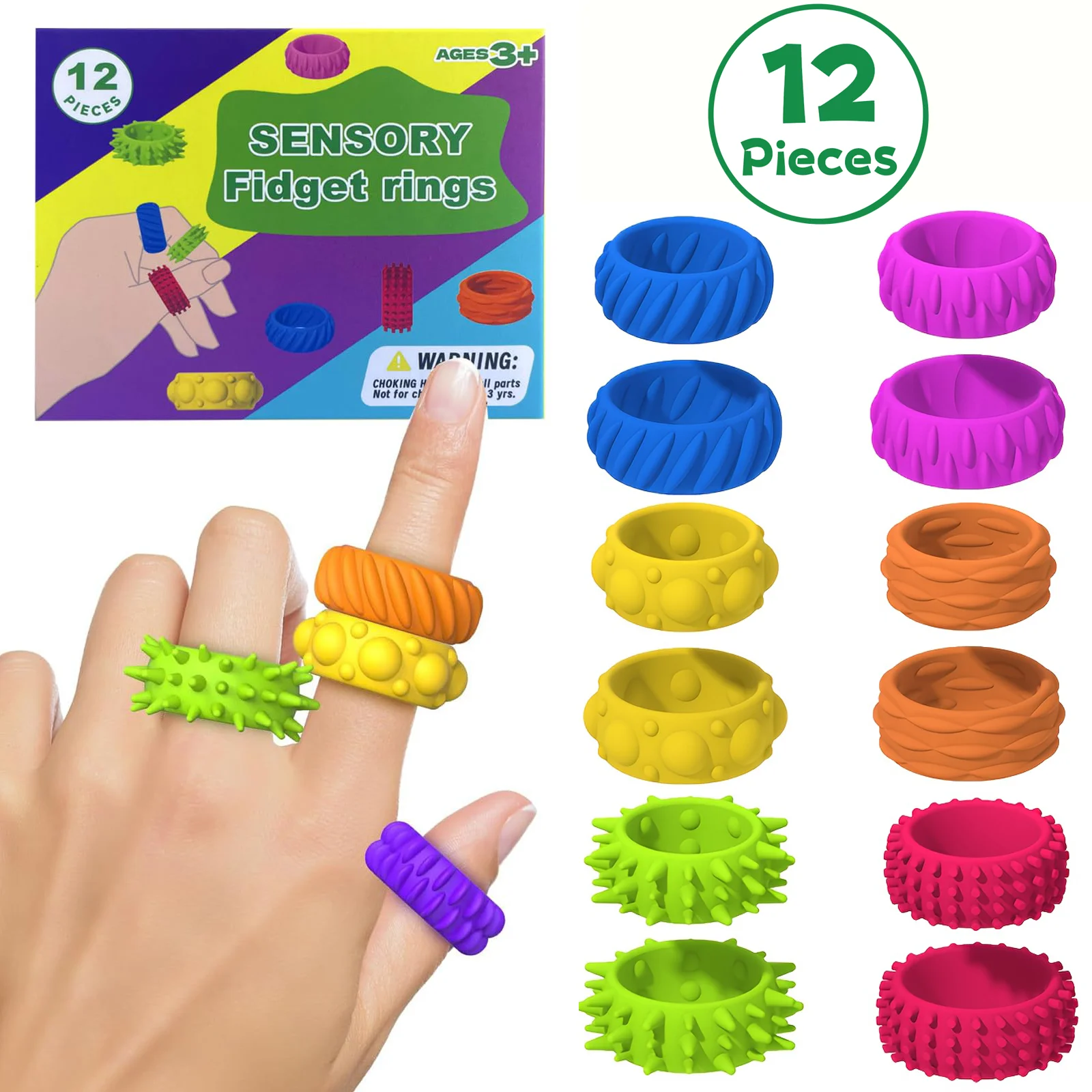Fidget-Spielzeug für Kinder, sensorisches Spielzeug für Autismus, 12 Stück Fingerringe mit Textur, Stressabbau-Fingerspielzeug für Kinder mit Autismus, beruhigend, Fidget-Ringe – Detail 1