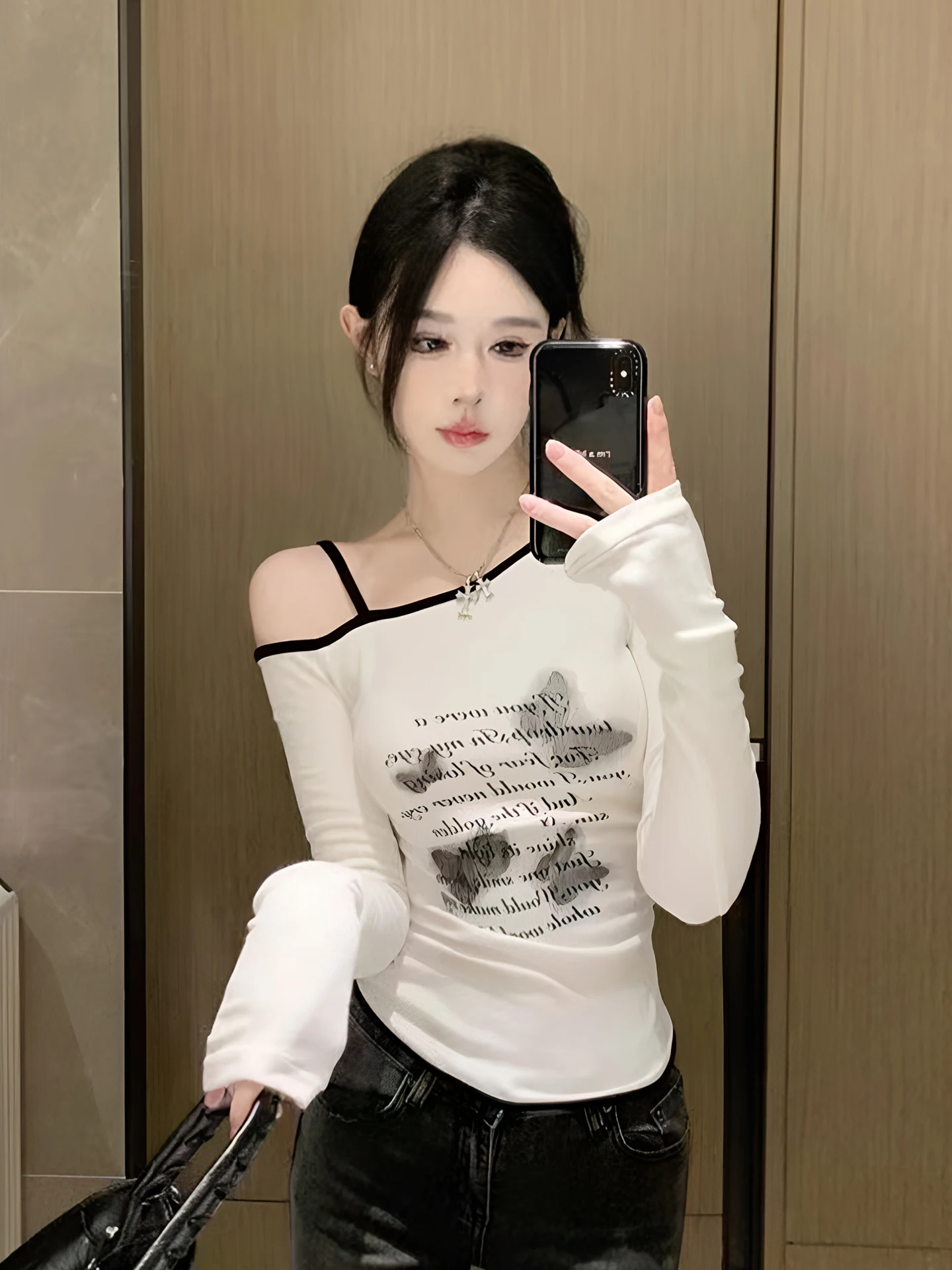 Chic Long Sleeve Shoulder Bared Jazz Dancing T Shirt Women Early Autumn American Style Street Fashion Slim Fit Cotton Blend Top