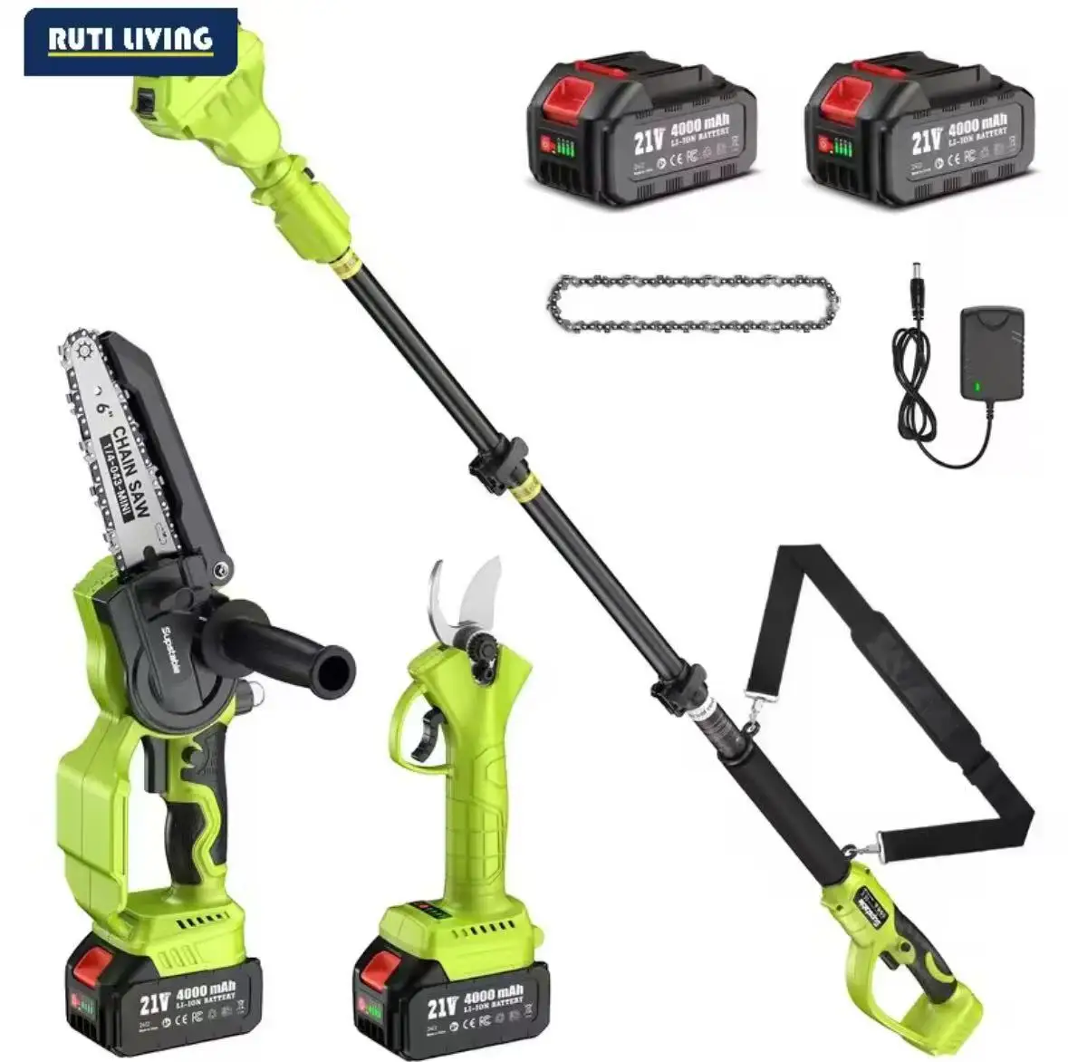 RUTI 4 in1 Electric Pole Saw 8" and 6" Cordless Chainsaw With 15ft Telescopic Pole Tree Cutting Tools 2pc 4.0Ah Batteries
