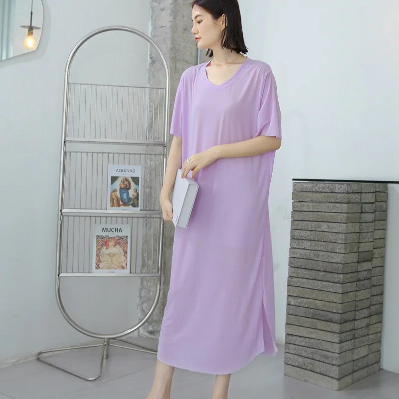 Ice Silk V-Neck Short Sleeve  Color Long Dress Women Summer Thin A-Line Dress Slimming Split Maxi Dress plus Size