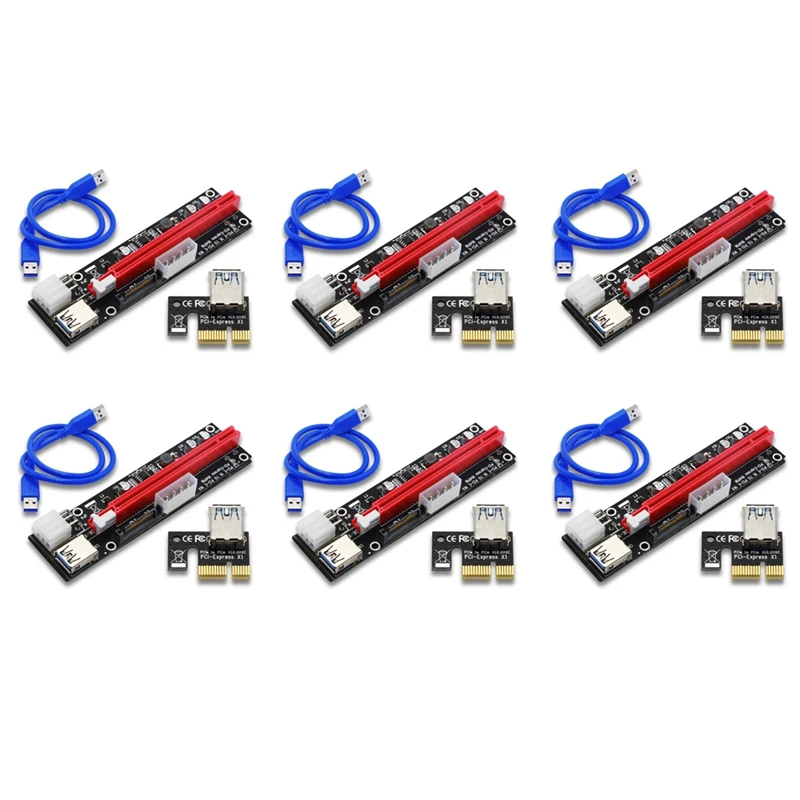 

6PCS VER103C 3In1 Power PCI-E Riser Card LED 4Pin 6Pin Sata 15Pin Express 1X To 16X 60CM Extension Cable For Bitcoin