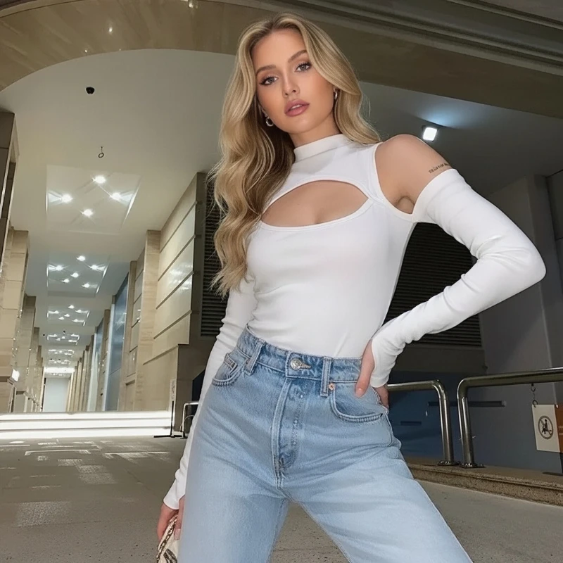 

New Spring and Summer Sexy Hollow Off-the-shoulder Women's Jumpsuit Slim-fit Long-sleeved Cover Bottom Onesie T-shirt Women