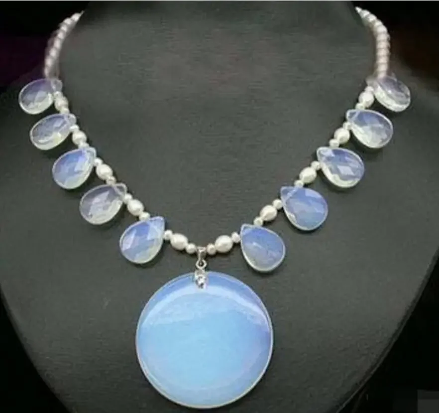 

Jewelry White Pearl Blue Fire Opal Drop Pendant Necklace 18" Fashion Wedding Party Jewellery