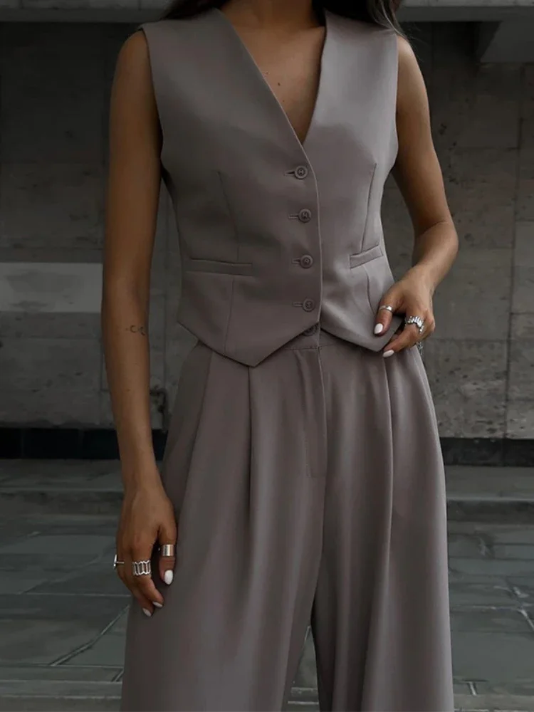 Yuzhexi feminino único breasted colete calças duas peças terno verão chique cinza cáqui commuter blazer pantaloon conjuntos