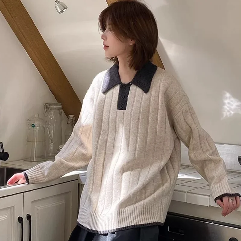 2025 خريف/شتاء جديد 100% سترة صوف نقية المرأة عادية محبوك طوق البلوز فضفاض موضة للجنسين سترة #5