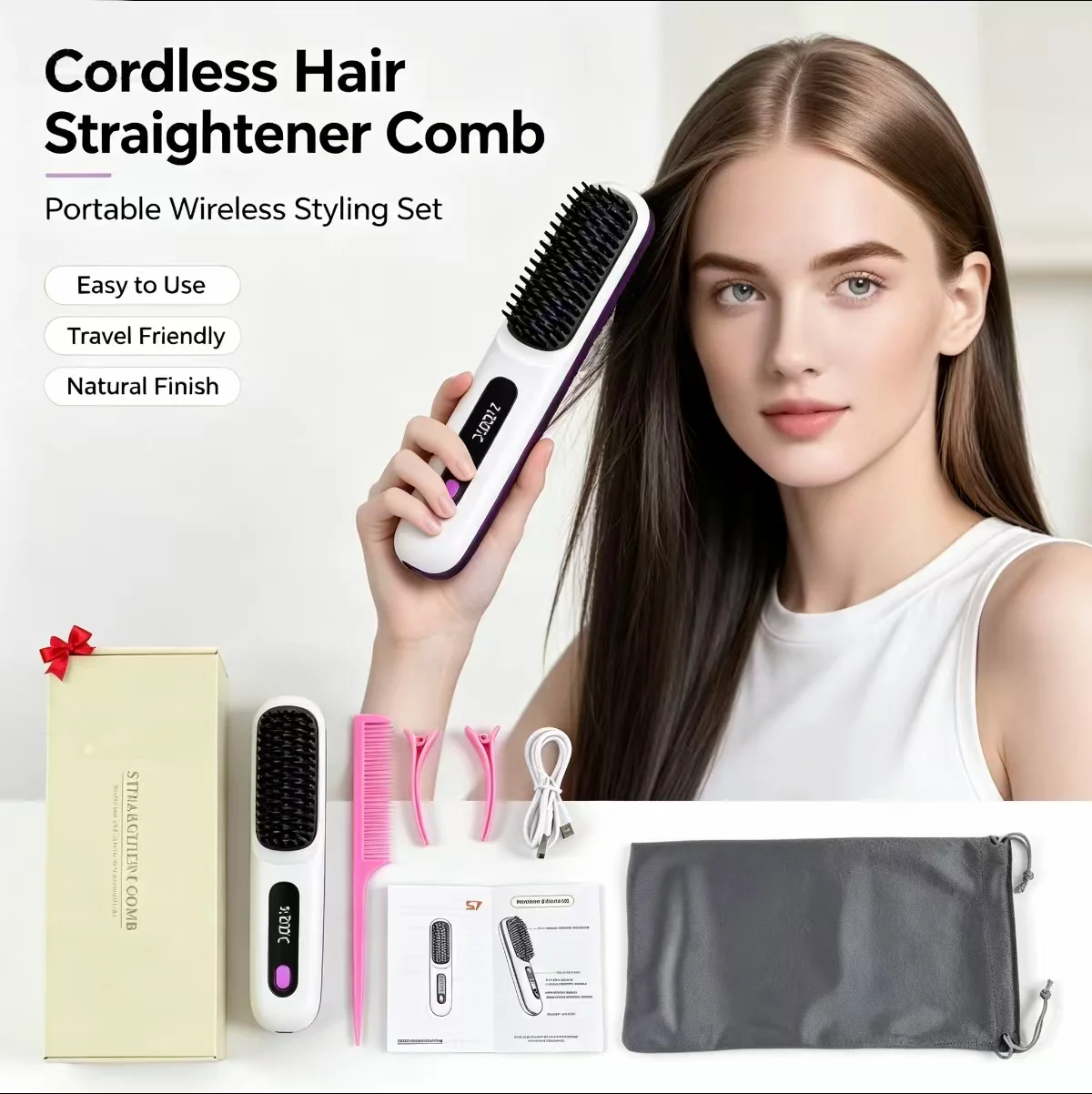 Cordless Hair Straightener Comb Portable Wireless Straightening Brush with Heat Resistant Storage Pouch, USB Rechargeable Multi