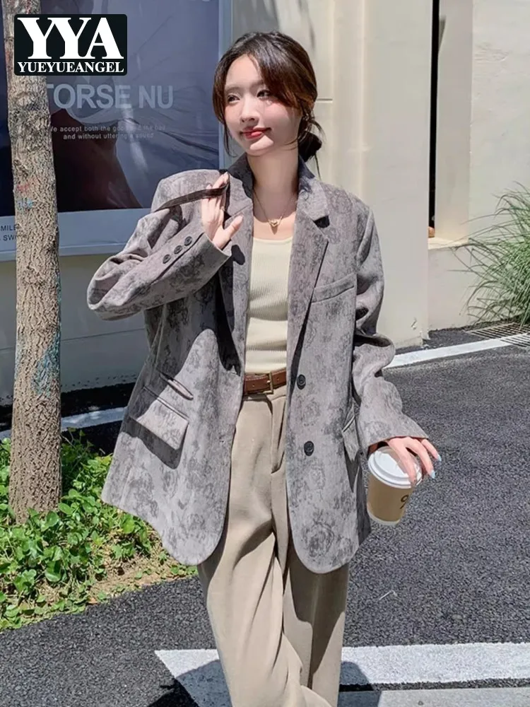 Women Loose Fit Fashion Casual Suit Jacket Single Breasted Harajuku Printed Blazers Autumn Long Sleeve Office Ladies Outerwear