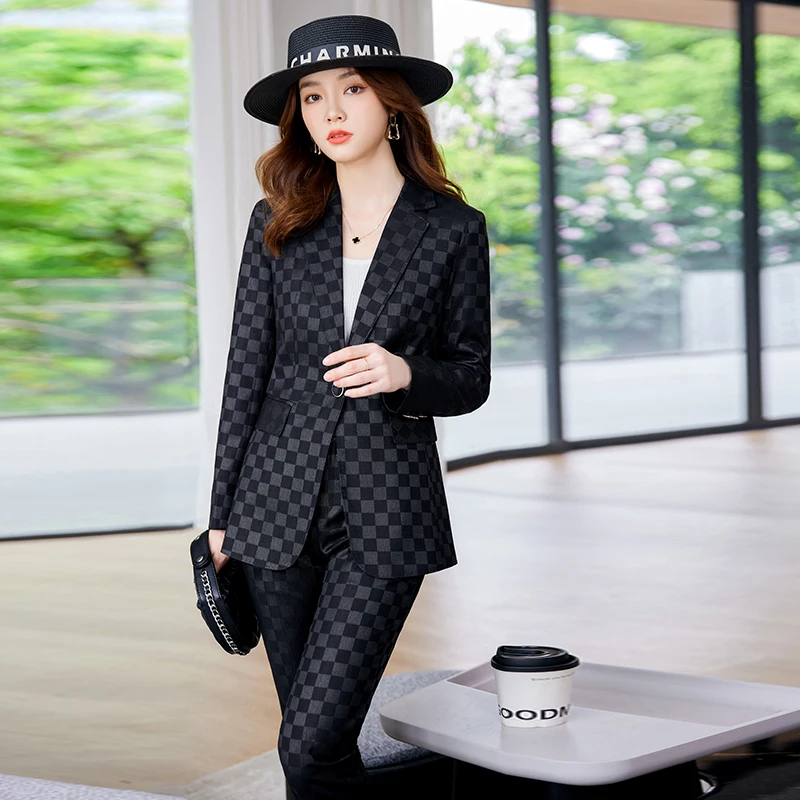 Women's Spring Autumn New Fashion Plaid Professional Suit Jacket Matching Set Korean Elegant Casual Blazers Pants Two Piece