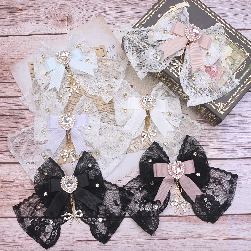 Pinces à cheveux pour femmes, gros nœuds ornés, dentelle luxuriante, épingles à cheveux faites à la main, Accessoires avec nœud Lolita, strass, pinces à cheveux tendance pour femmes
