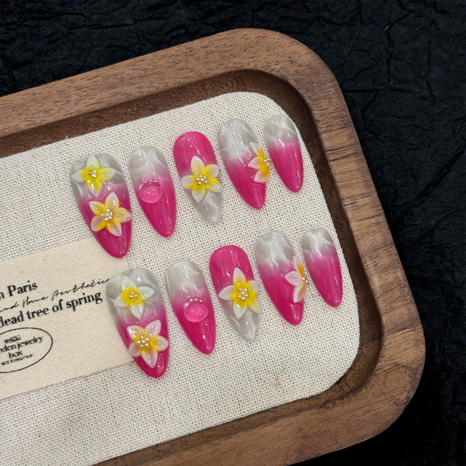 

10pcs Rose Red French Press On Nails Glossy Water Ripple Cat's Eye Almond Handmade False Nail 3D Carving Flower Decor Fake Nails
