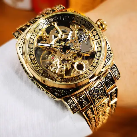 Forsining Gold Square Skeleton Automatic Mechanical Watches Engraved Design Luminous Hands Stainless Steel Strap Retro Men Watch