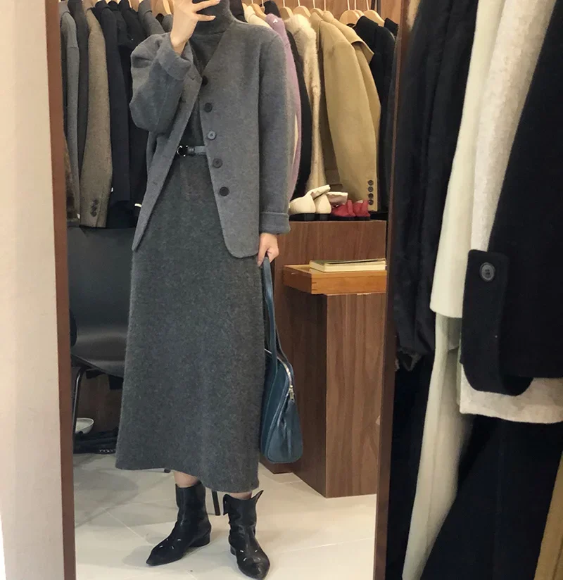 Gonna da donna in maglia alla caviglia con collo alto e temperamento, abito in lana sottile e allentato in cashmere per l'autunno e l'inverno