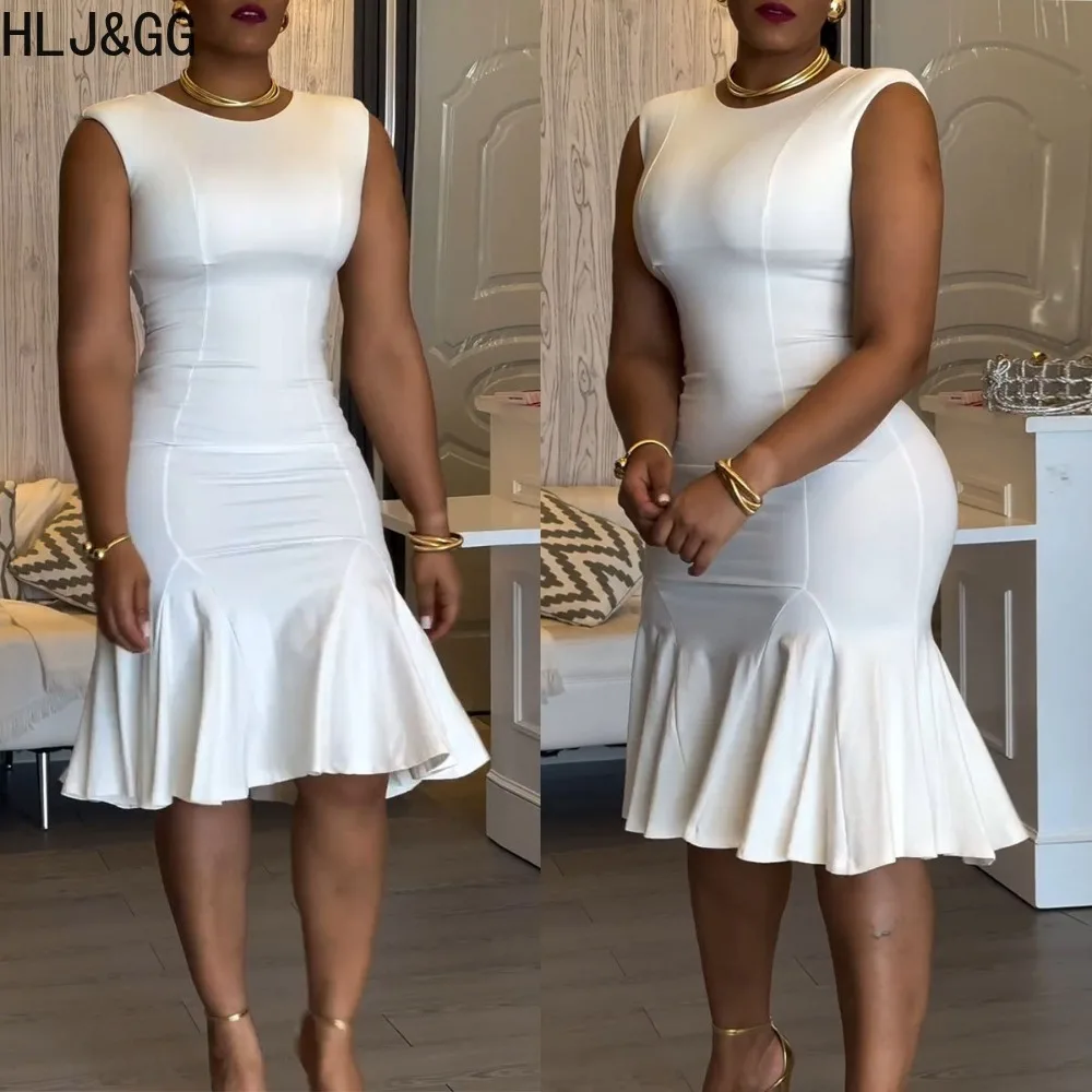 HLJ&GG White Sexy Solid Color Bodycon Splicing Large Hem Ruffled Dress Women Round Neck Sleeveless Slim Vestidos Female Clothing