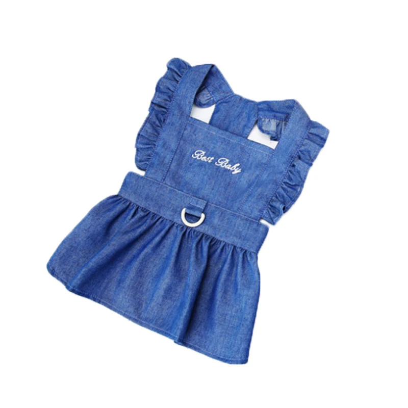 Denim Dog Dress With D-Ring Flying Sleeves Princess Dress for Chihuahua Pet Clothes for Small Dogs Spring Summer Dog Cat Skirt