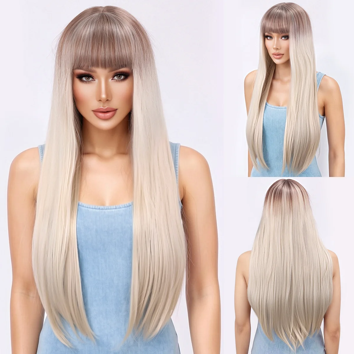 Cross border foreign trade hot selling golden wig with bangs, long straight hair, daily wig, full head cover