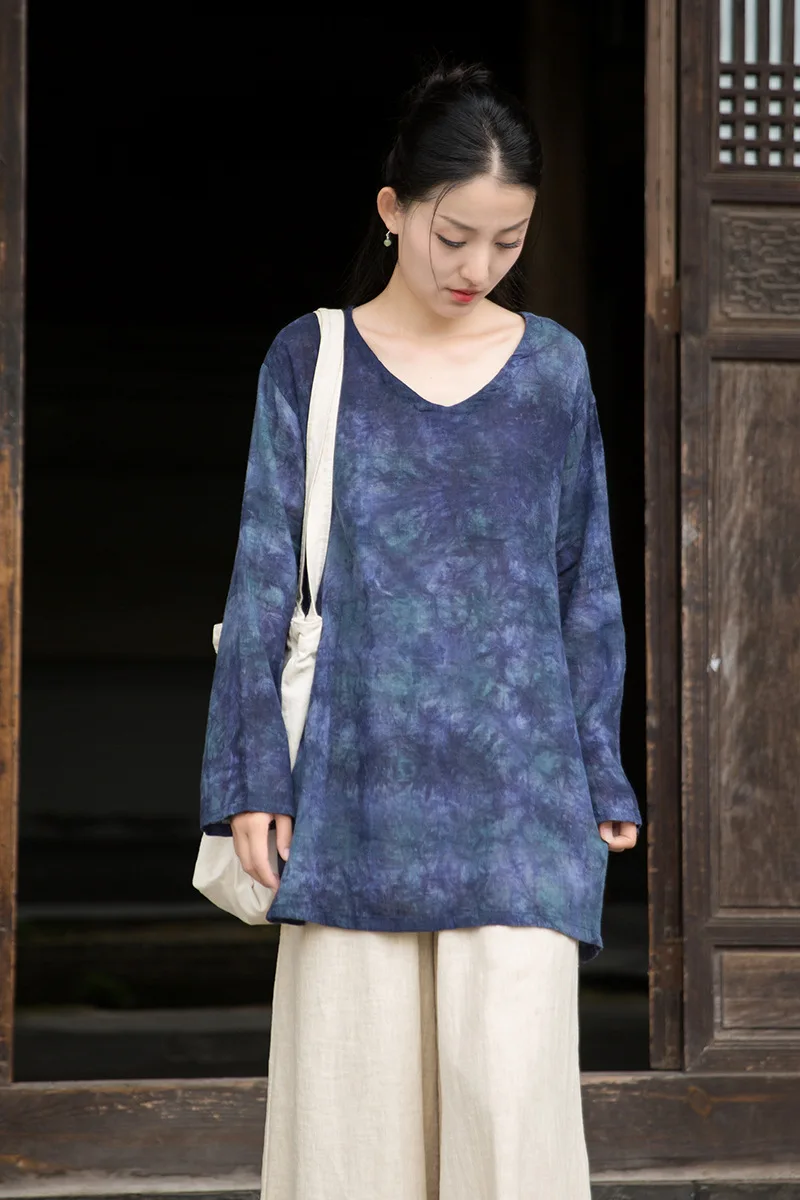 綿麻タイダイチュニックブラウス レディース エステティックプルオーバーシャツ ブルー