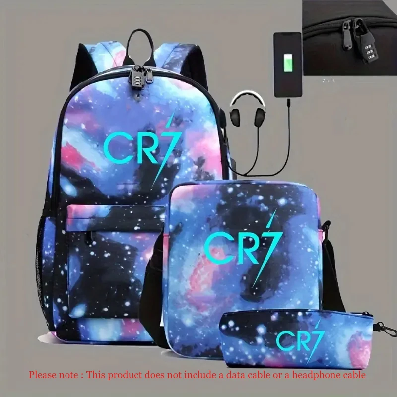 Luminous CR7 Nylon Mochilas, Mochilas Escolares para Laptop para Adolescentes, Homens e Mulheres, Viagem ao ar livre, 3PCs Capacidade