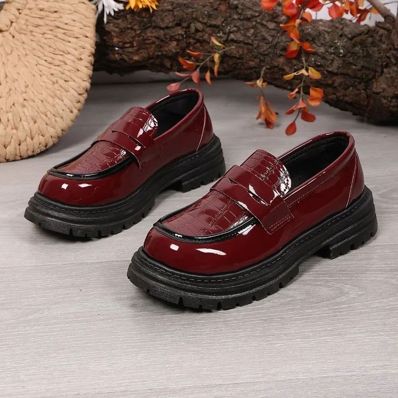 Patent Leather Chunky Platform Loafers Women British Style Plus Size 43 Thick Heel Pumps Woman Slip on Round Toe Oxford Shoes